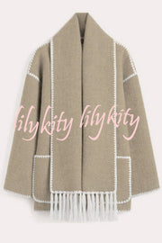 Stylish Loose Pocket Long Sleeve Coat and Warm Fringed Scarf