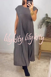 Solid Color Round Neck Sleeveless Pleated Large Hem Maxi Dress