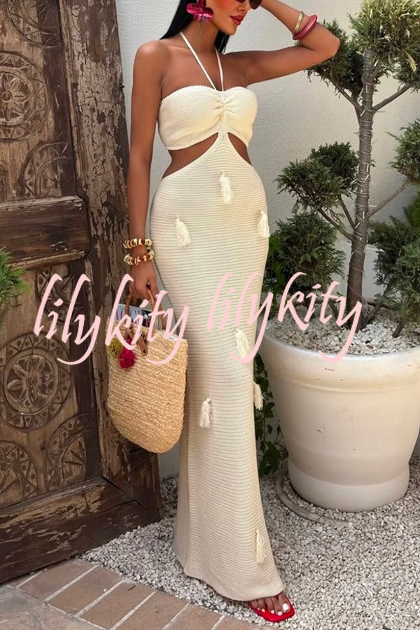 Fashion Halterneck Waist-baring Tassel-embellished Knitted Maxi Dress
