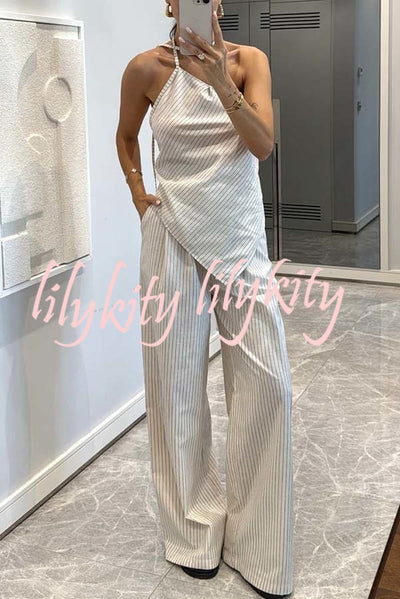Moriah Striped Thin Strap Halter Neck Scarf Top and Pocketed Wide Leg Pants Set