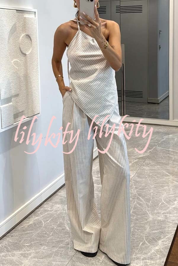Moriah Striped Thin Strap Halter Neck Scarf Top and Pocketed Wide Leg Pants Set