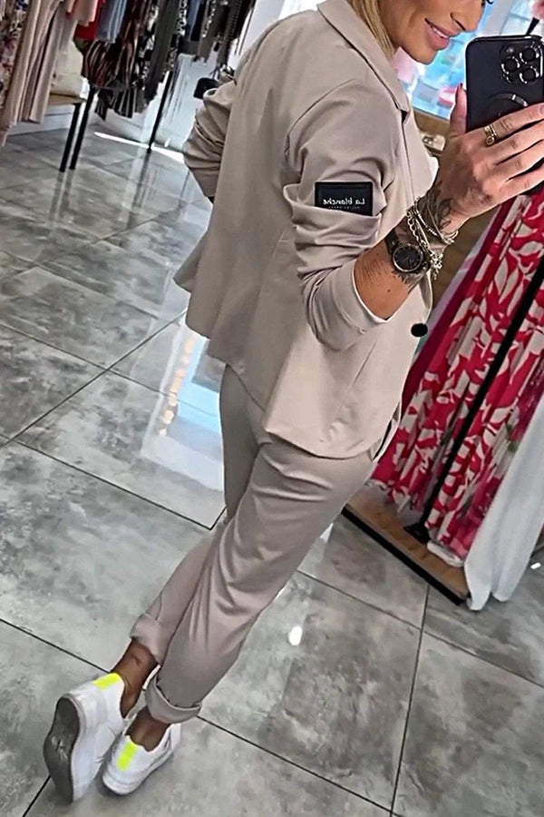 Smart Casual Lapel Blazer and Elastic Waist Tie Pocket Pants Set