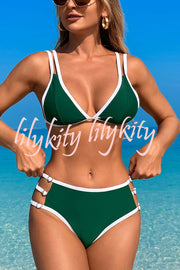 Contrast Color Lace-up Stretch Two-piece Bikini Swimsuit