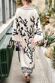 Exotic Locales Satin Unique Print Cutout Neck Wide Sleeve Kaftan Midi Dress