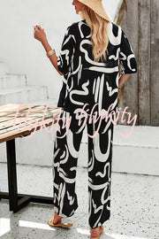 Irregular Printed Button Pocket Long Sleeved Shirt and Elastic Waist Pants Set