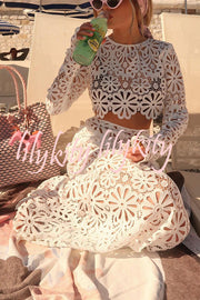 Balmy Summers Crochet Lace Floral Pattern Long Sleeve Crop Vacation Top