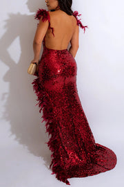 Sexy Feather Sequin Backless Fit Asymmetrical Maxi Dress