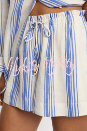 Stripe Print Lapel Long-sleeved Casual Shirt and Elastic Waist Loose Shorts Set