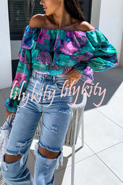 Colorful Botanical Print Sexy Off-shoulder Ruffle Top