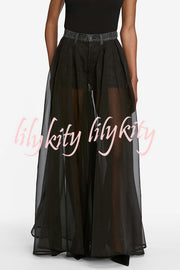 Avant-garde Fashion Denim Flowing Organza Patchwork Pocketed Wide Leg Jeans