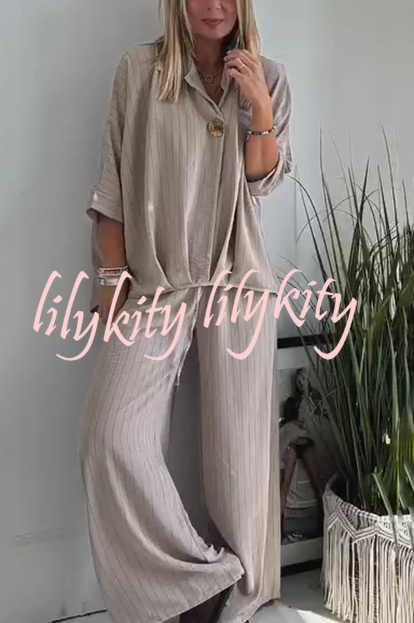 Fashion Striped Print Lapel Loose Top and Elastic Waist Casual Wide-leg Pants Set