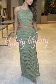 Stunning Gaze Knit Texture Ring Side Waist Cutout Stretch Maxi Dress