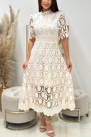 Elegant Crocheted Cutout Lace Short-sleeved Stand-collar Midi Dress