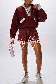 Fashion Contrast Color Stitching Stand Collar Long Sleeve Top and Elastic Waist Loose Pocket Shorts Set