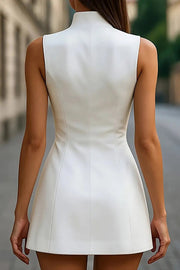Solid Color Stand Collar Sleeveless Button-embellished Fitted Mini Dress