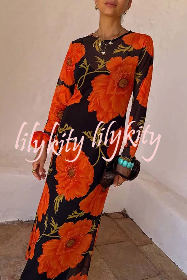 Perfect Cross-season Mesh Poppy Flower Print Long Sleeve Stretch Maxi Dress