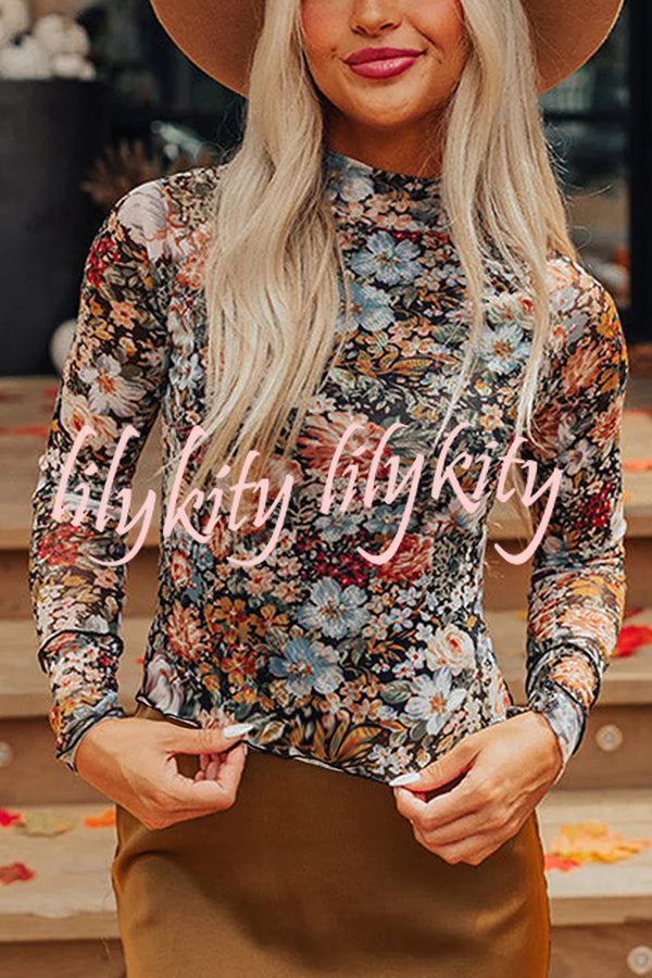 Floral Print Turtleneck Long Sleeve Stretch Bottoming Shirt