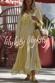 Solid Color Pleated Ruffled Tie Long Sleeve Loose Shirt