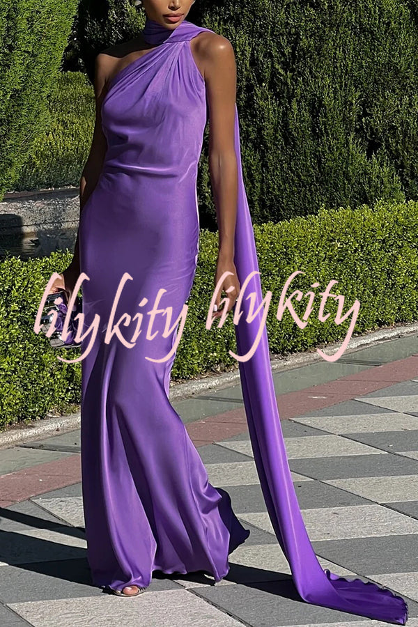 Crush on You Satin One Shoulder Backless Cape Maxi Dress