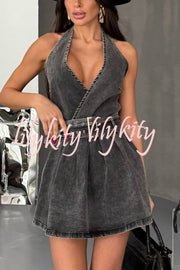 Fashionable Halterneck Open-back Belted Denim Mini Dress