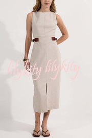 Workwear Day Contrast Color Belt Buckle Detail Slit Pencil Midi Dress