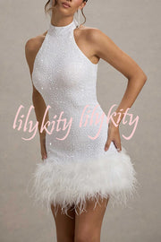 Dazzling and Playful Sequin High Neck Feather Trim Stretch Mini Dress