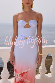 Fresh and Chic Sea Print Off Shoulder Metal Shell Cutout Stretch Maxi Dress