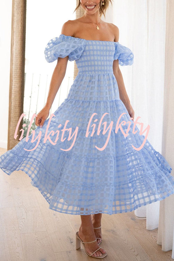 Solid Color Off-shoulder Lantern Sleeve Patchwork Midi Dress