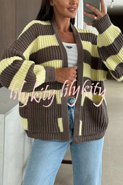 Fashionable Patchwork Striped Casual Pocket Knitted Sweater