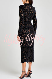 Diane Velvet Embroidered Floral Lace Long Sleeve Belt Scallop Edge Midi Dress