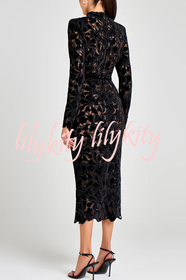 Diane Velvet Embroidered Floral Lace Long Sleeve Belt Scallop Edge Midi Dress