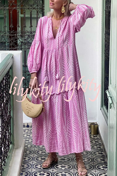 Marrakech Stories Linen Blend Printed Balloon Sleeve Pocketed A-line Midi Dress