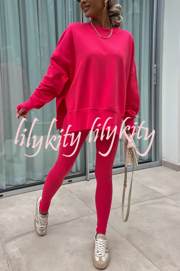 Solid Color Loose Long Sleeve SlitSweatshirt and Elastic Waist Tight Pants Set