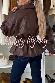 Play It Cool Faux Leather Single Button Elastic Waist Lapel Moto Jacket