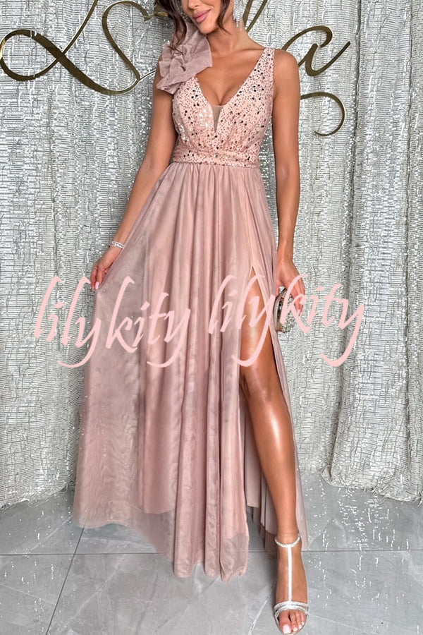 Everlasting Party Sequin Tulle Ruffles Shoulder Design Slit Maxi Dress