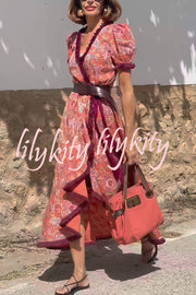 Bohemian Floral Print Elegant Puff Sleeve Holiday Maxi Dress