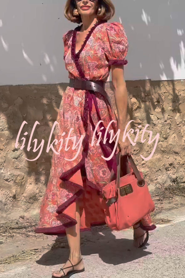 Bohemian Floral Print Elegant Puff Sleeve Holiday Maxi Dress