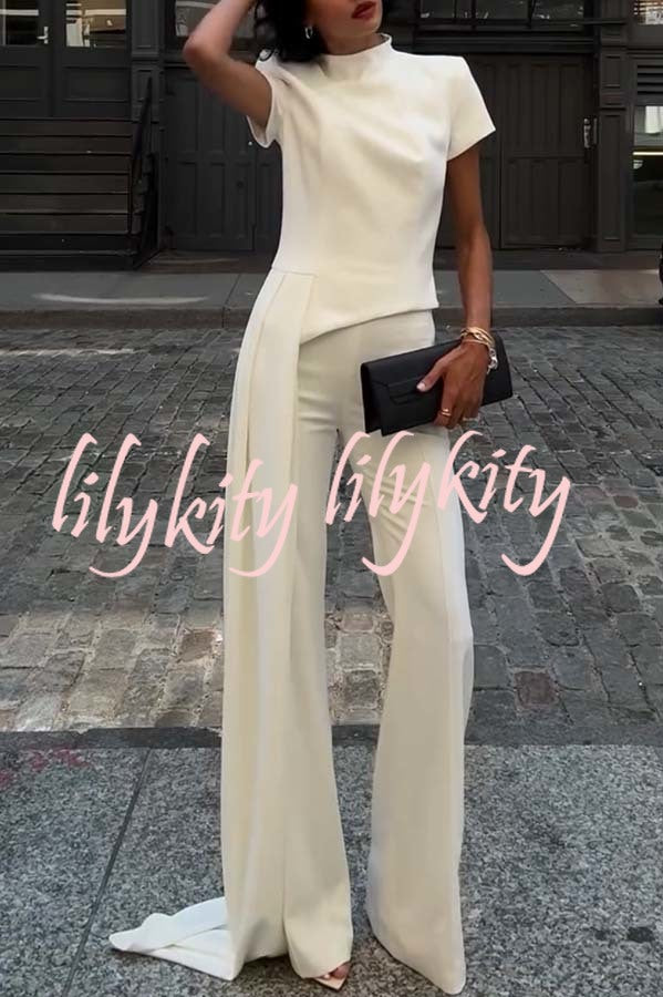 Pippa High Neck Short Sleeve Irregular Drape Hem Top and Elastic Waist Flare Pants Set