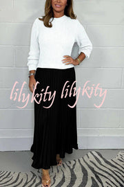 Stylish Knitted Round Neck Long Sleeve Patchwork Pleated Hem Maxi Dress