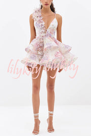 Floral Print V-neck Halter Back Tie Double Layer Mini Dress