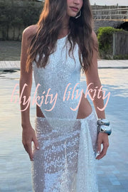 Fashion Sequin Sleeveless Fitted Rompers and Holiday Slit Maxi Skirt Set