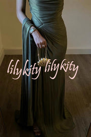 Fashion One-shoulder Pleated Ribbon Slim Slit Maxi Dress