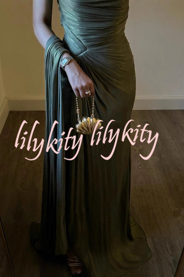 Fashion One-shoulder Pleated Ribbon Slim Slit Maxi Dress