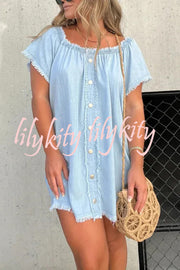 Fashionable Off Shoulder Short-sleeved Loose Denim Mini Dress