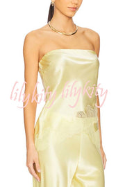 Odessa Satin Floral Lace Hem Strapless Tank and Mid Rise Wide Leg Pants Set