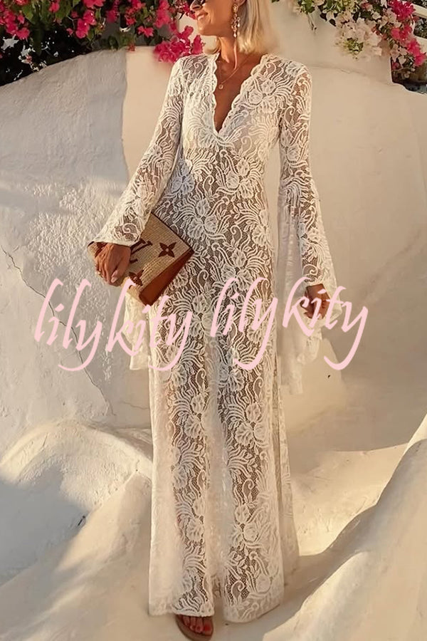 Dream Love Floral Lace Bell Sleeve V-neck Slit Maxi Dress