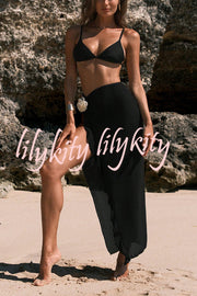 Solid Strappy Stretch Two-piece Bikini Swimsuit and Floral Embellished Maxi Cover-up Skirt Set