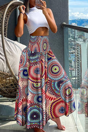 Unique Printed Pleated Elastic Waist Holiday Casual Maxi Skirt