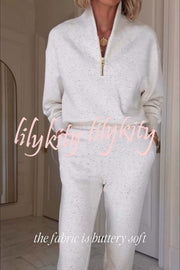 Ivory Marl Fleck Half-Zip Neck Long Sleeve Sweatshirt and Elastic Waist Pocket Jogger Set