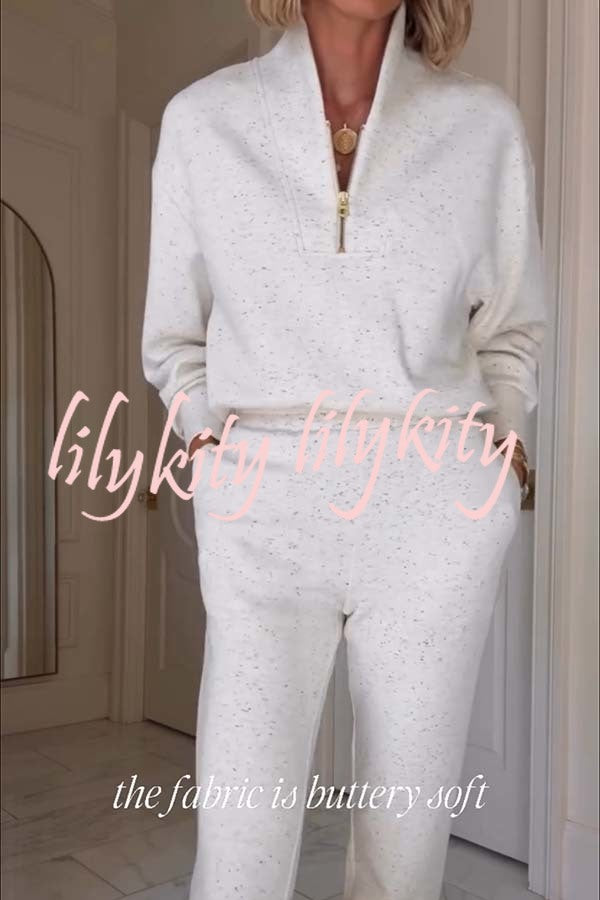 Ivory Marl Fleck Half-Zip Neck Long Sleeve Sweatshirt and Elastic Waist Pocket Jogger Set
